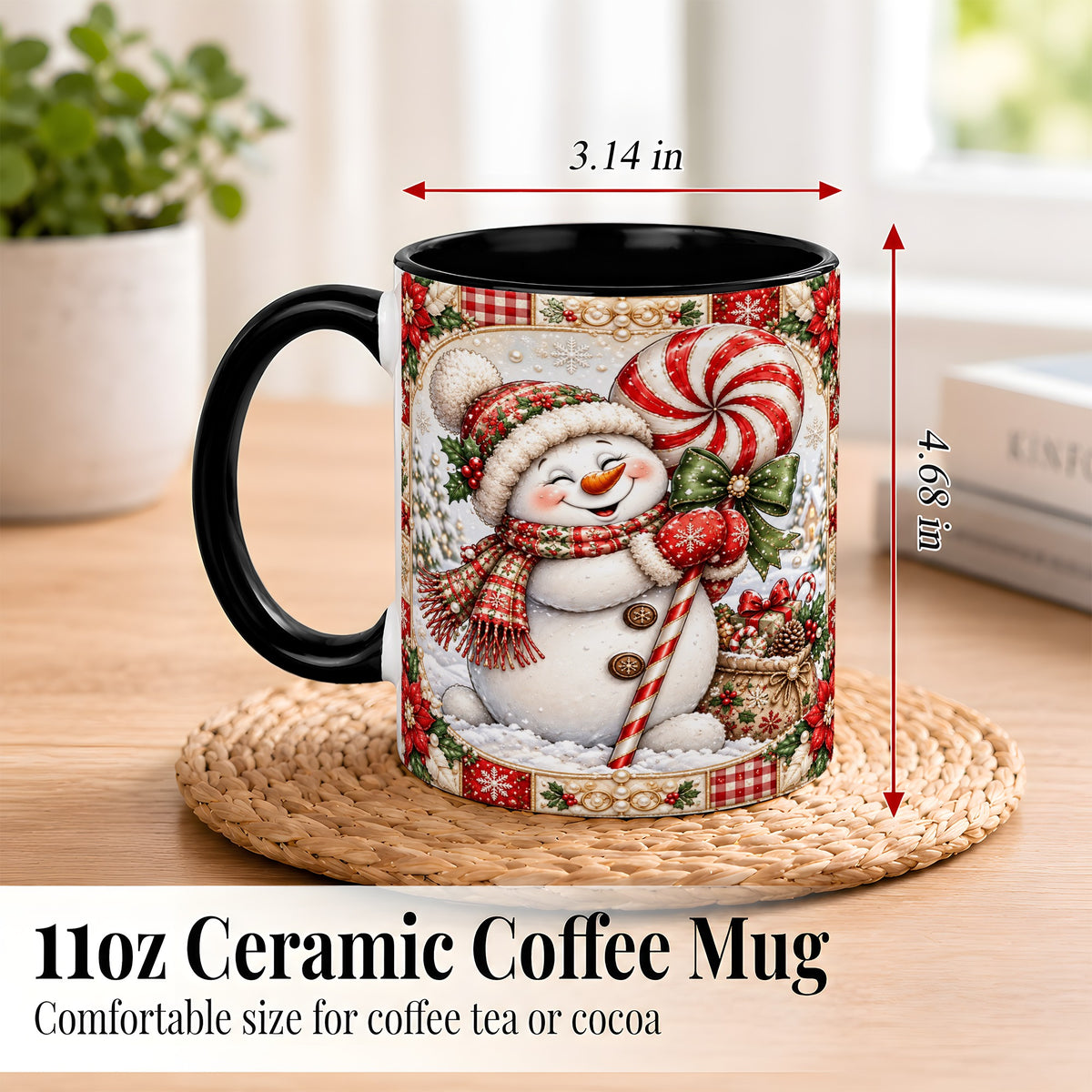 #pl[11oz|Black] Peppermint Snowman Coffee Mug, Christmas Candy Mug, Ceramic Cup