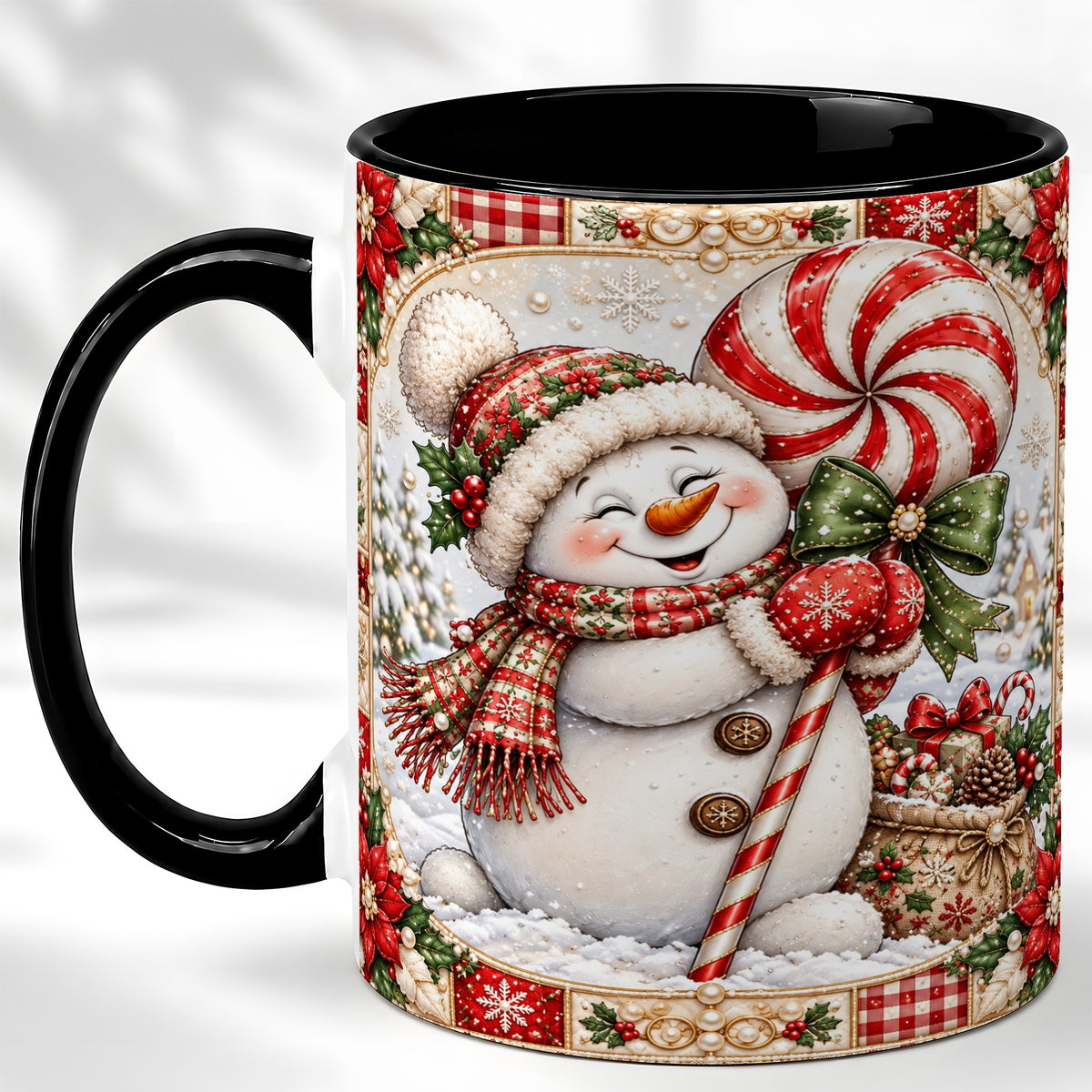 #pl[11oz|Black] Peppermint Snowman Coffee Mug, Christmas Candy Mug, Ceramic Cup