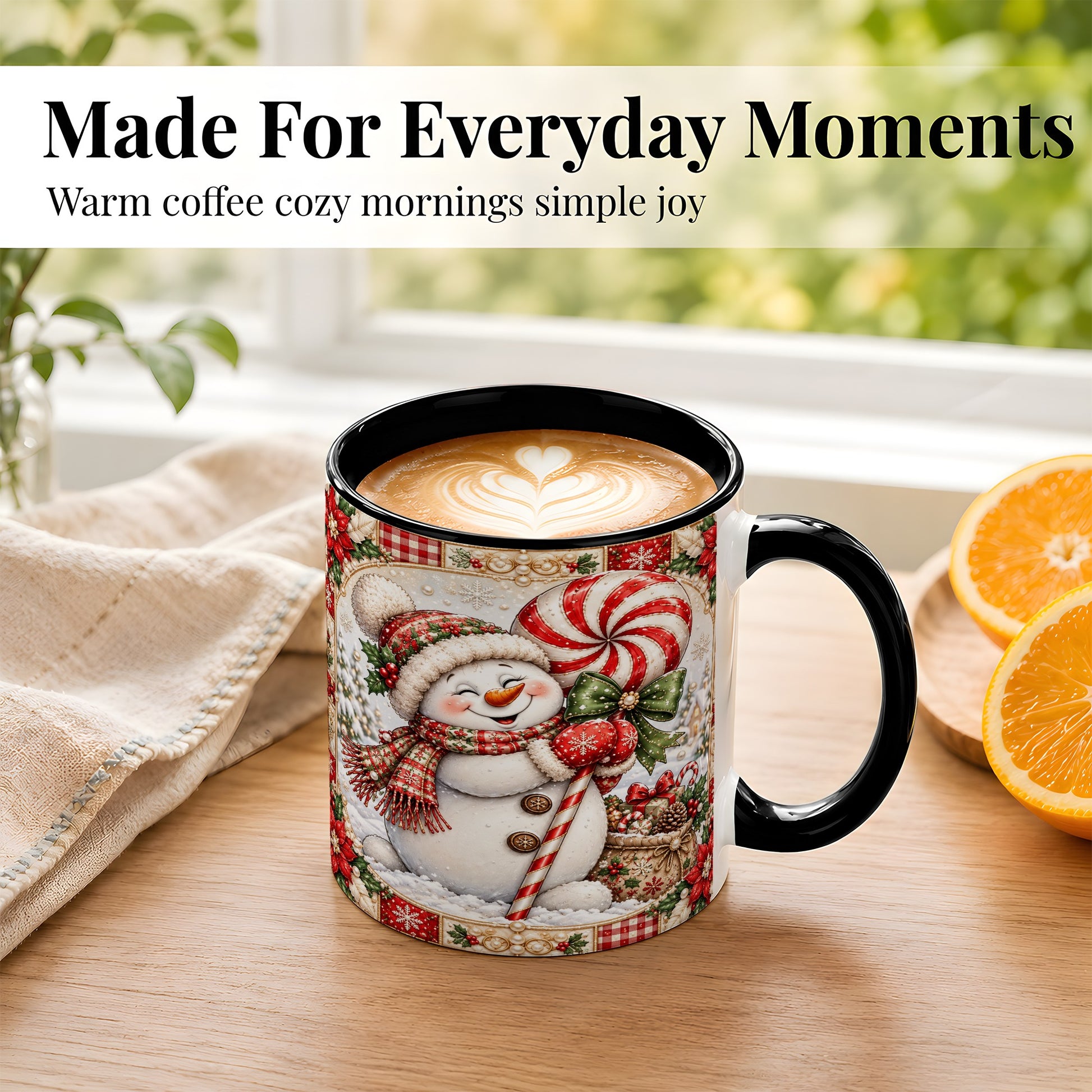 #pl[11oz|Black] Peppermint Snowman Coffee Mug, Christmas Candy Mug, Ceramic Cup