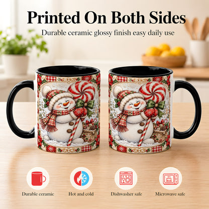 #pl[11oz|Black] Peppermint Snowman Coffee Mug, Christmas Candy Mug, Ceramic Cup