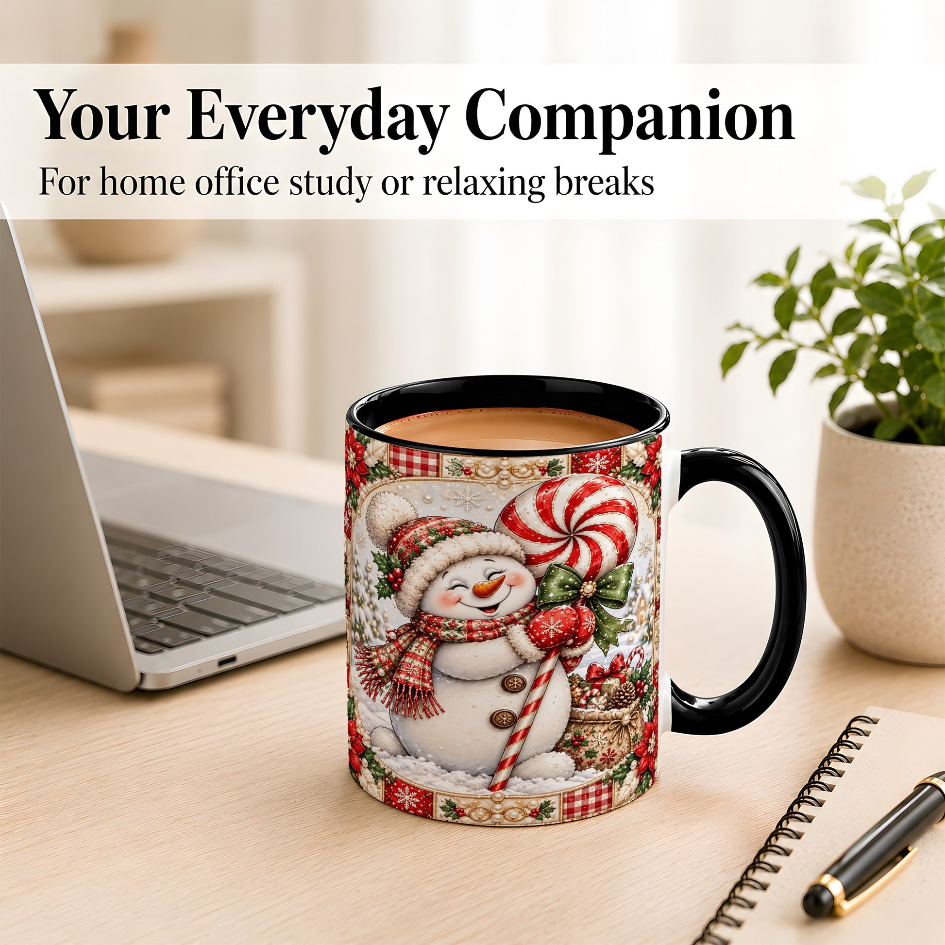 #pl[11oz|Black] Peppermint Snowman Coffee Mug, Christmas Candy Mug, Ceramic Cup
