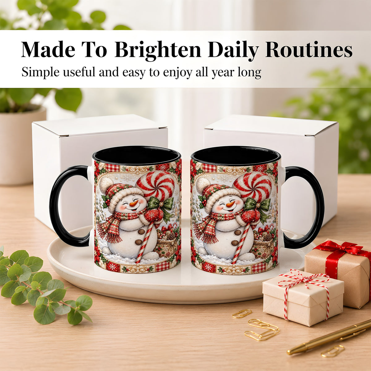 #pl[11oz|Black] Peppermint Snowman Coffee Mug, Christmas Candy Mug, Ceramic Cup