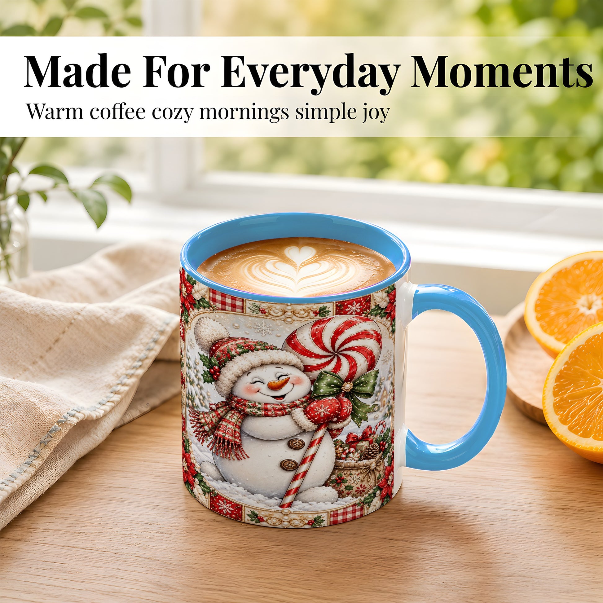 #pl[11oz|Blue] Peppermint Snowman Coffee Mug, Christmas Candy Mug, Ceramic Cup