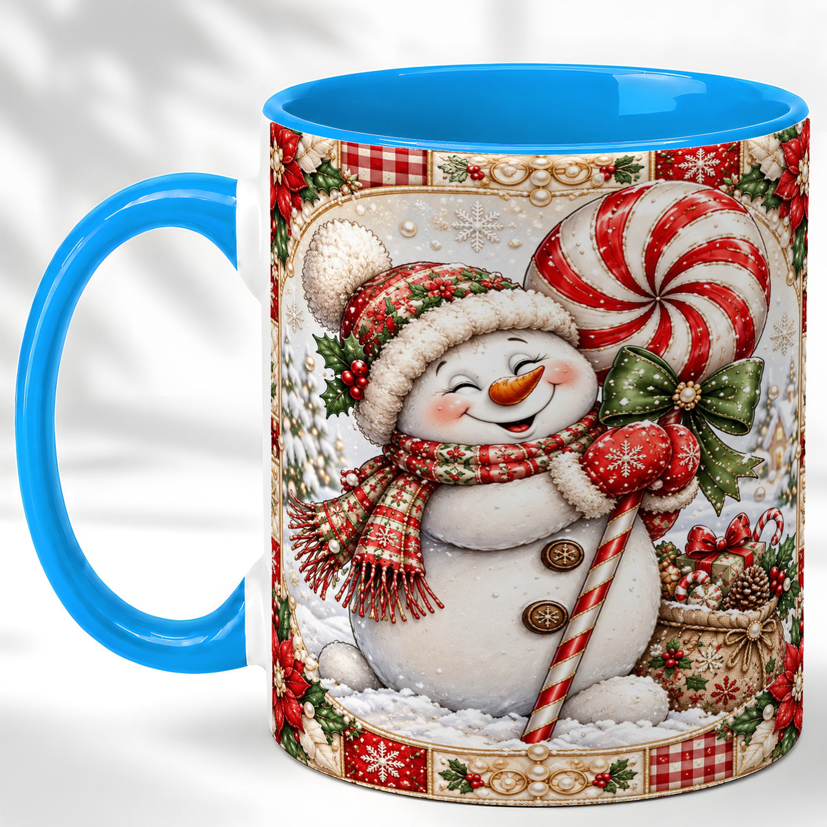 #pl[11oz|Blue] Peppermint Snowman Coffee Mug, Christmas Candy Mug, Ceramic Cup