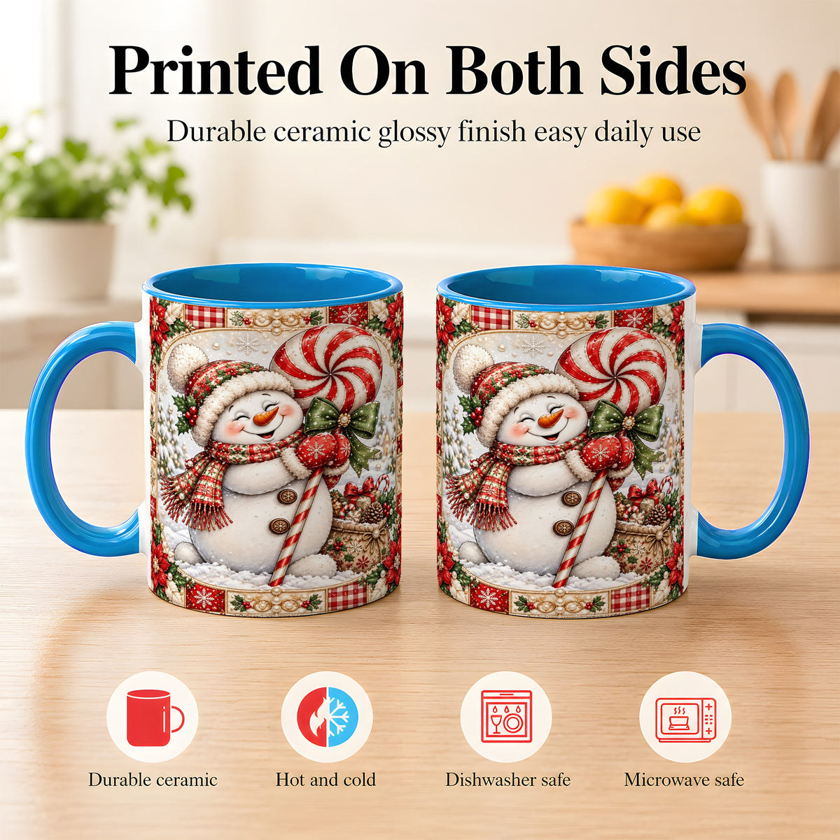 #pl[11oz|Blue] Peppermint Snowman Coffee Mug, Christmas Candy Mug, Ceramic Cup