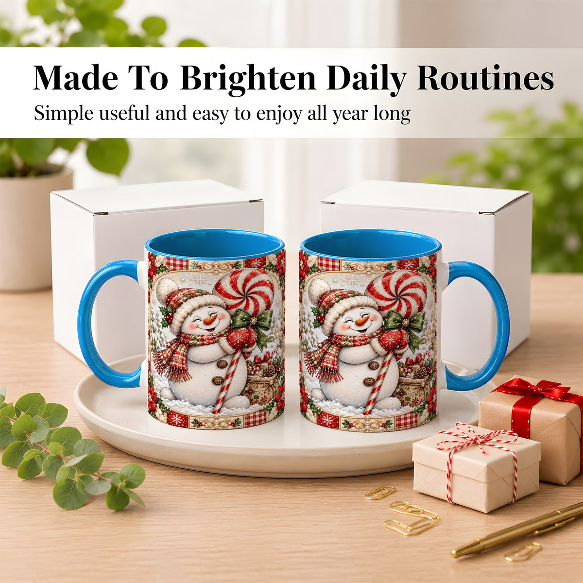 #pl[11oz|Blue] Peppermint Snowman Coffee Mug, Christmas Candy Mug, Ceramic Cup