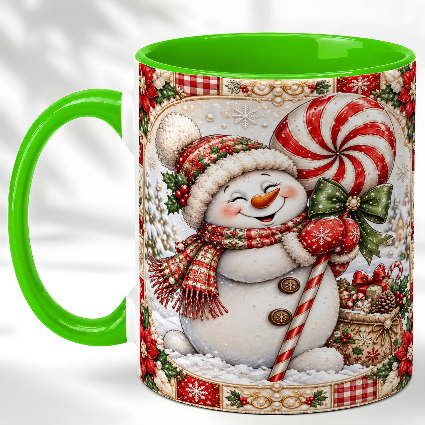 #pl[11oz|Green] Peppermint Snowman Coffee Mug, Christmas Candy Mug, Ceramic Cup