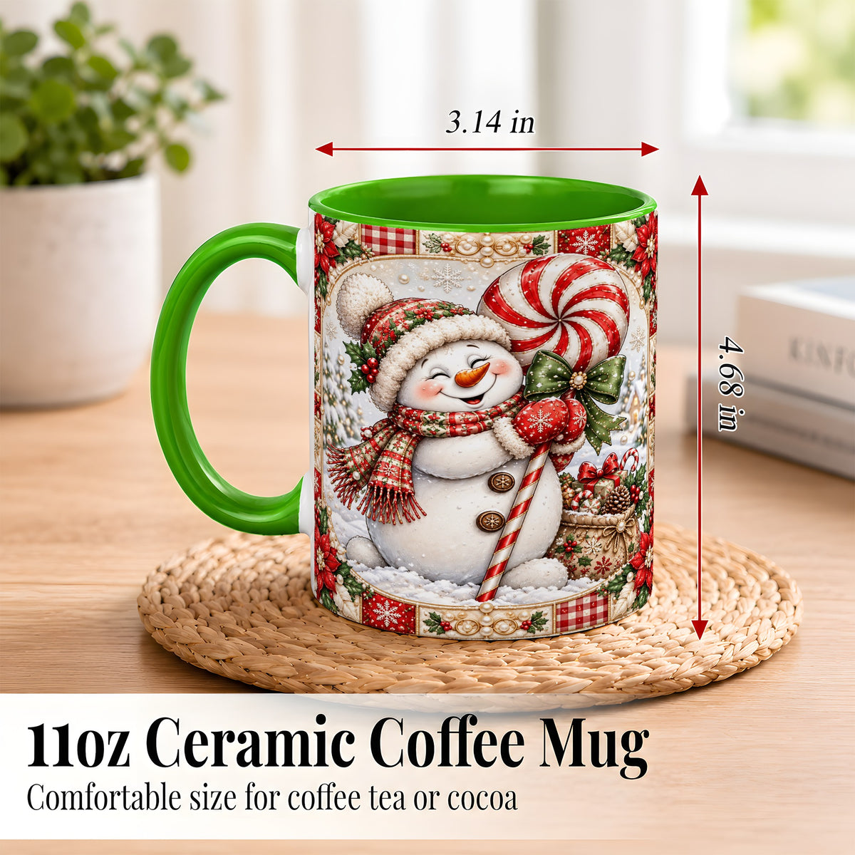#pl[11oz|Green] Peppermint Snowman Coffee Mug, Christmas Candy Mug, Ceramic Cup