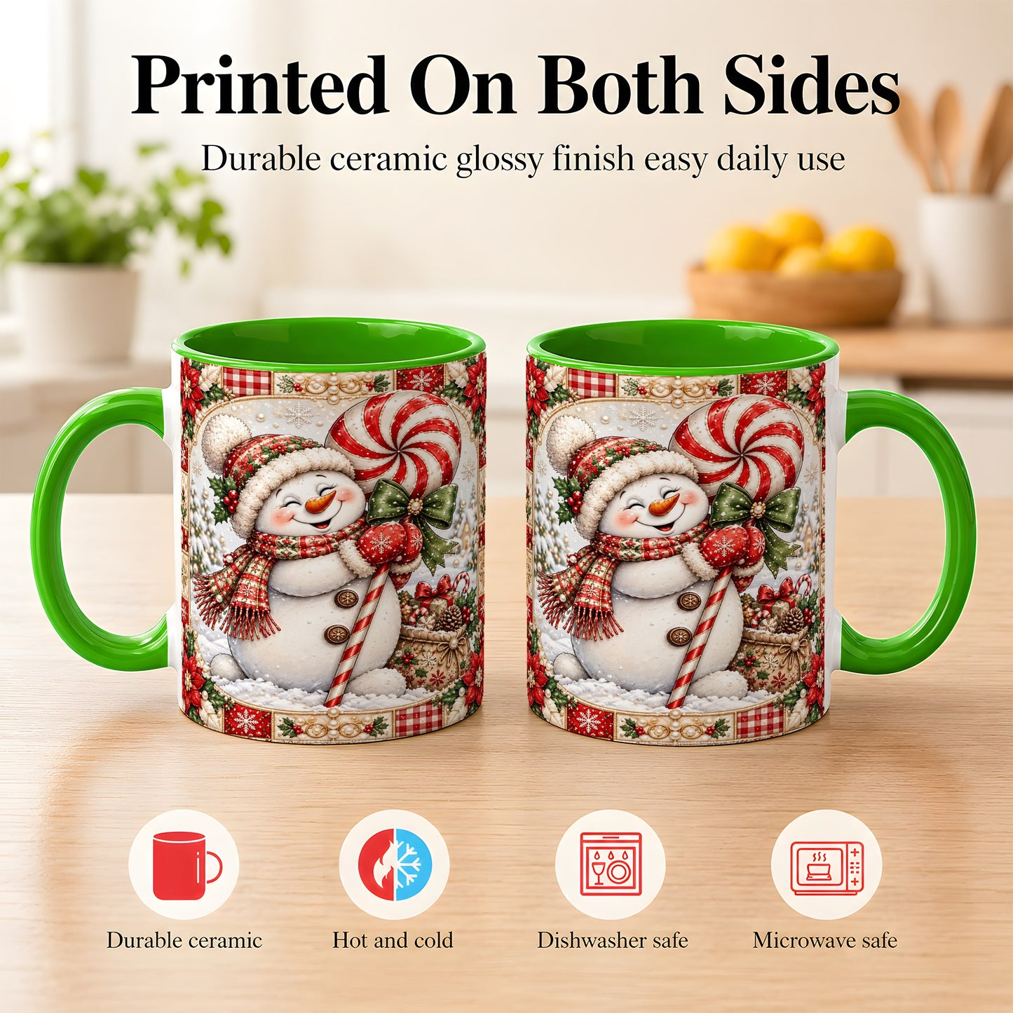#pl[11oz|Green] Peppermint Snowman Coffee Mug, Christmas Candy Mug, Ceramic Cup