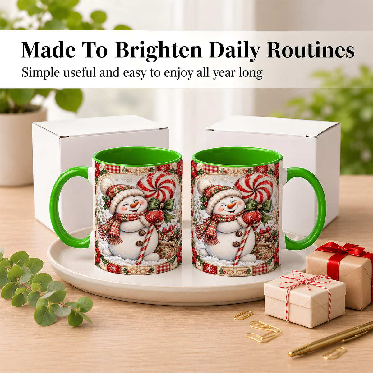 #pl[11oz|Green] Peppermint Snowman Coffee Mug, Christmas Candy Mug, Ceramic Cup