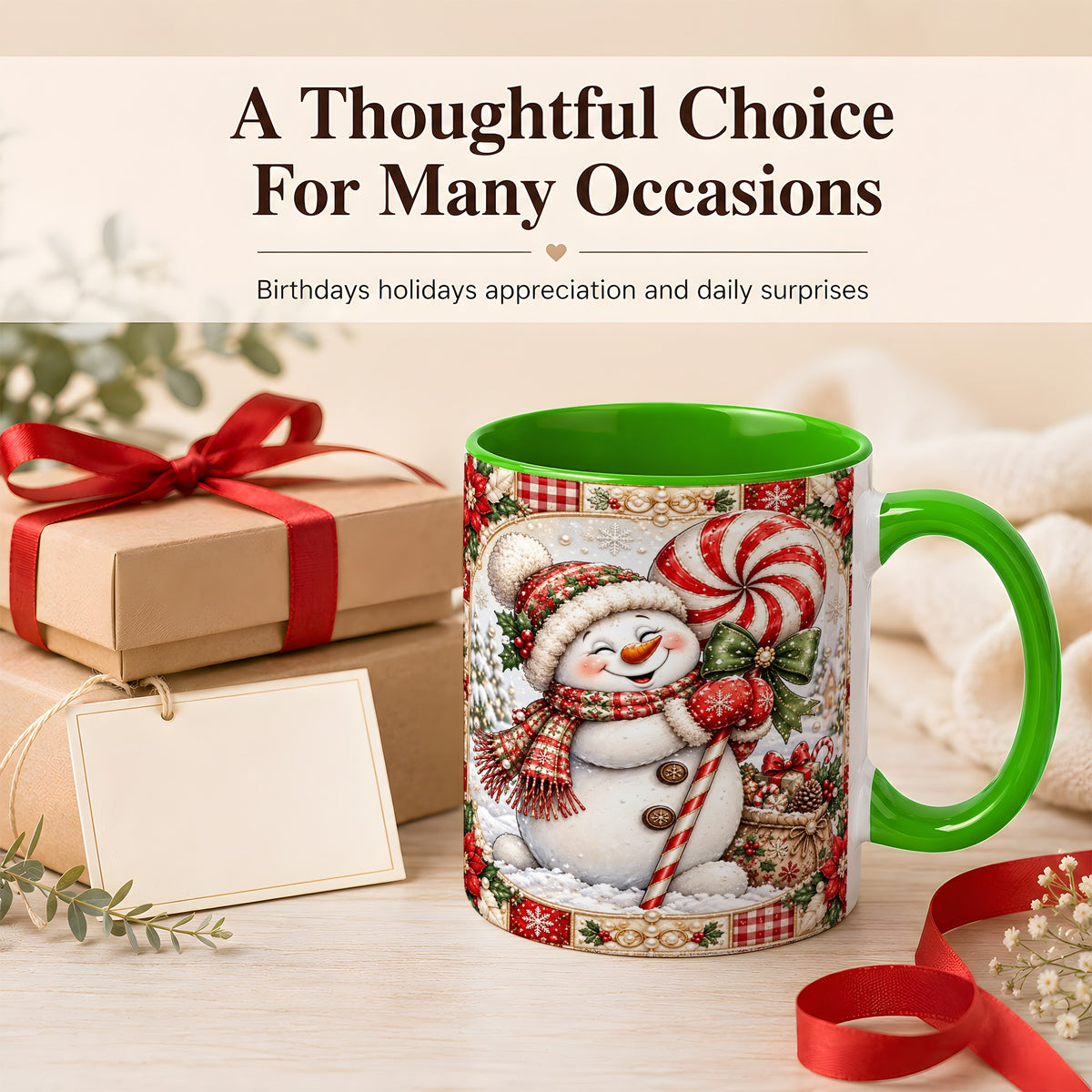 #pl[11oz|Green] Peppermint Snowman Coffee Mug, Christmas Candy Mug, Ceramic Cup