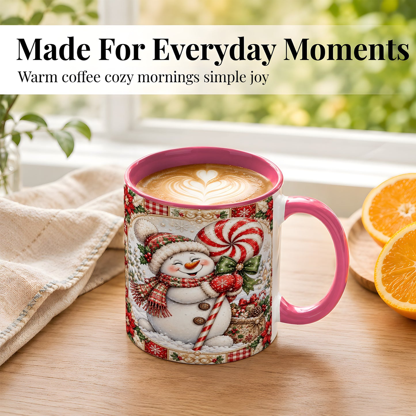 #pl[11oz|Pink] Peppermint Snowman Coffee Mug, Christmas Candy Mug, Ceramic Cup