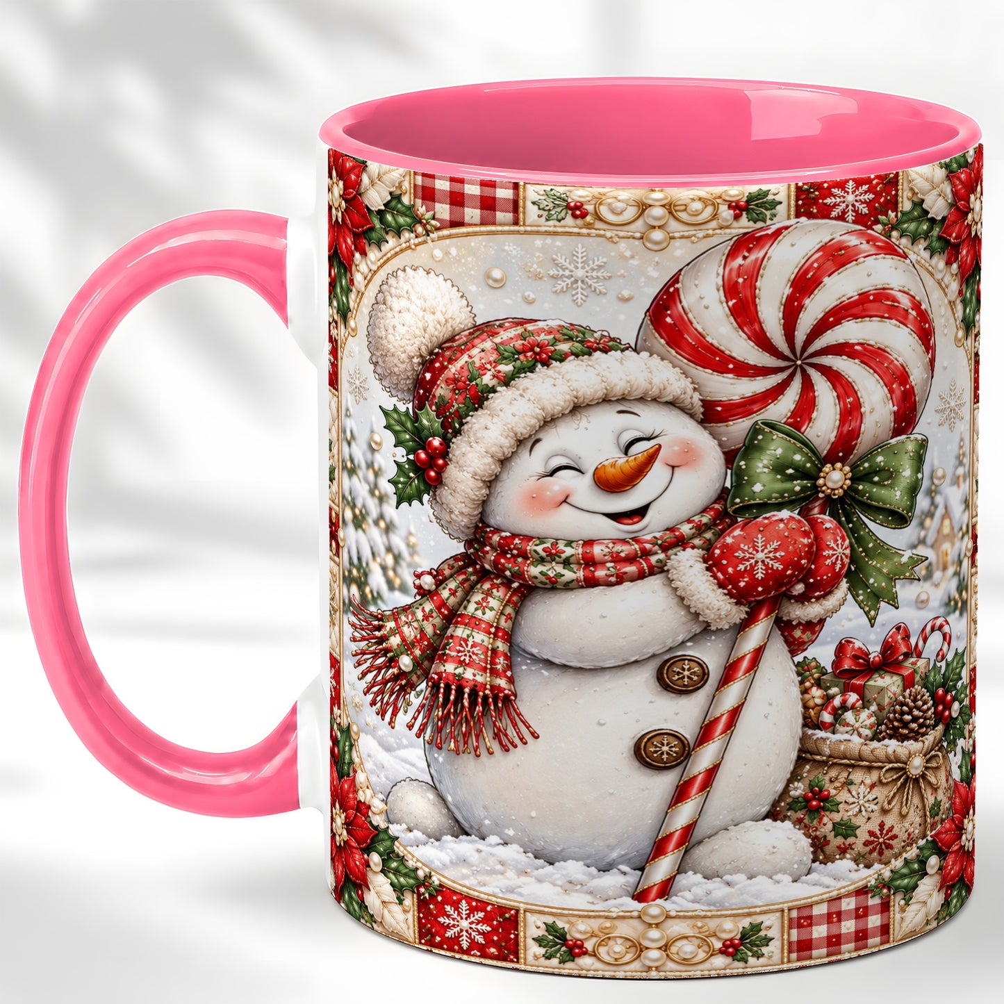 #pl[11oz|Pink] Peppermint Snowman Coffee Mug, Christmas Candy Mug, Ceramic Cup