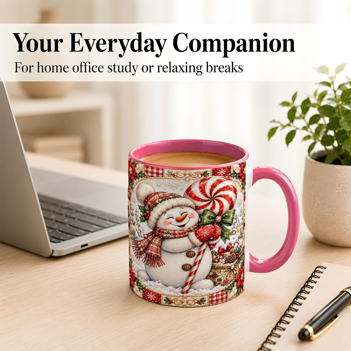 #pl[11oz|Pink] Peppermint Snowman Coffee Mug, Christmas Candy Mug, Ceramic Cup