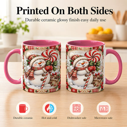 #pl[11oz|Pink] Peppermint Snowman Coffee Mug, Christmas Candy Mug, Ceramic Cup