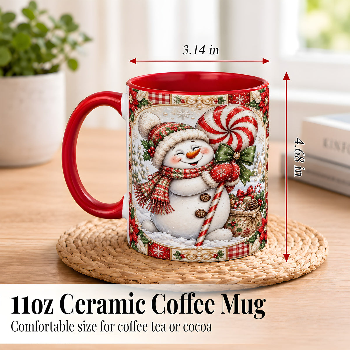 #pl[11oz|Red] Peppermint Snowman Coffee Mug, Christmas Candy Mug, Ceramic Cup