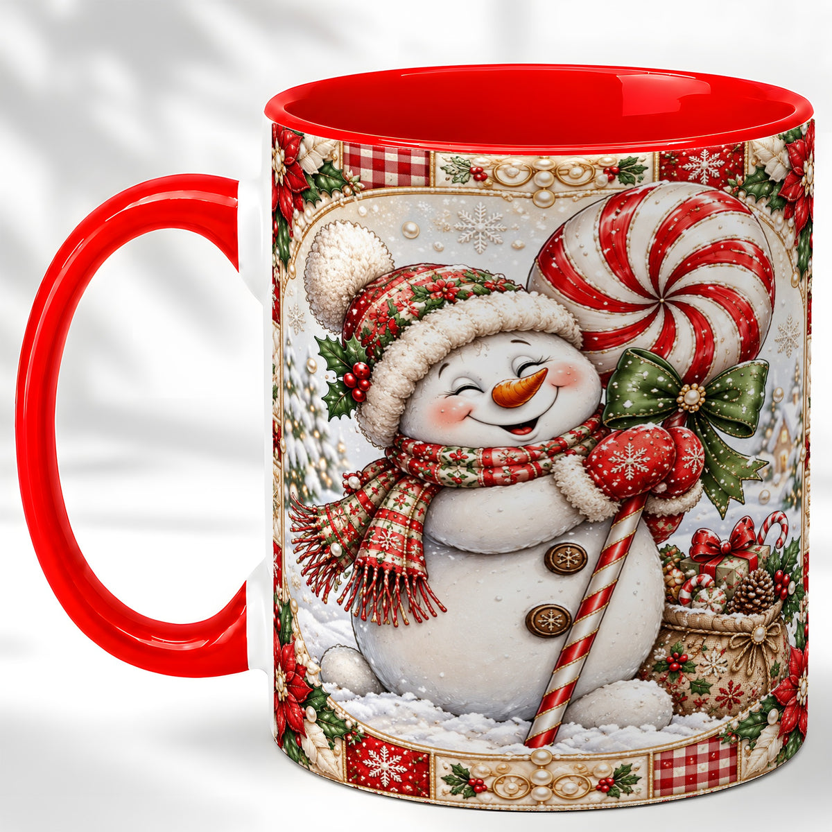Peppermint Snowman Coffee Mug, Christmas Candy Mug, Ceramic Cup