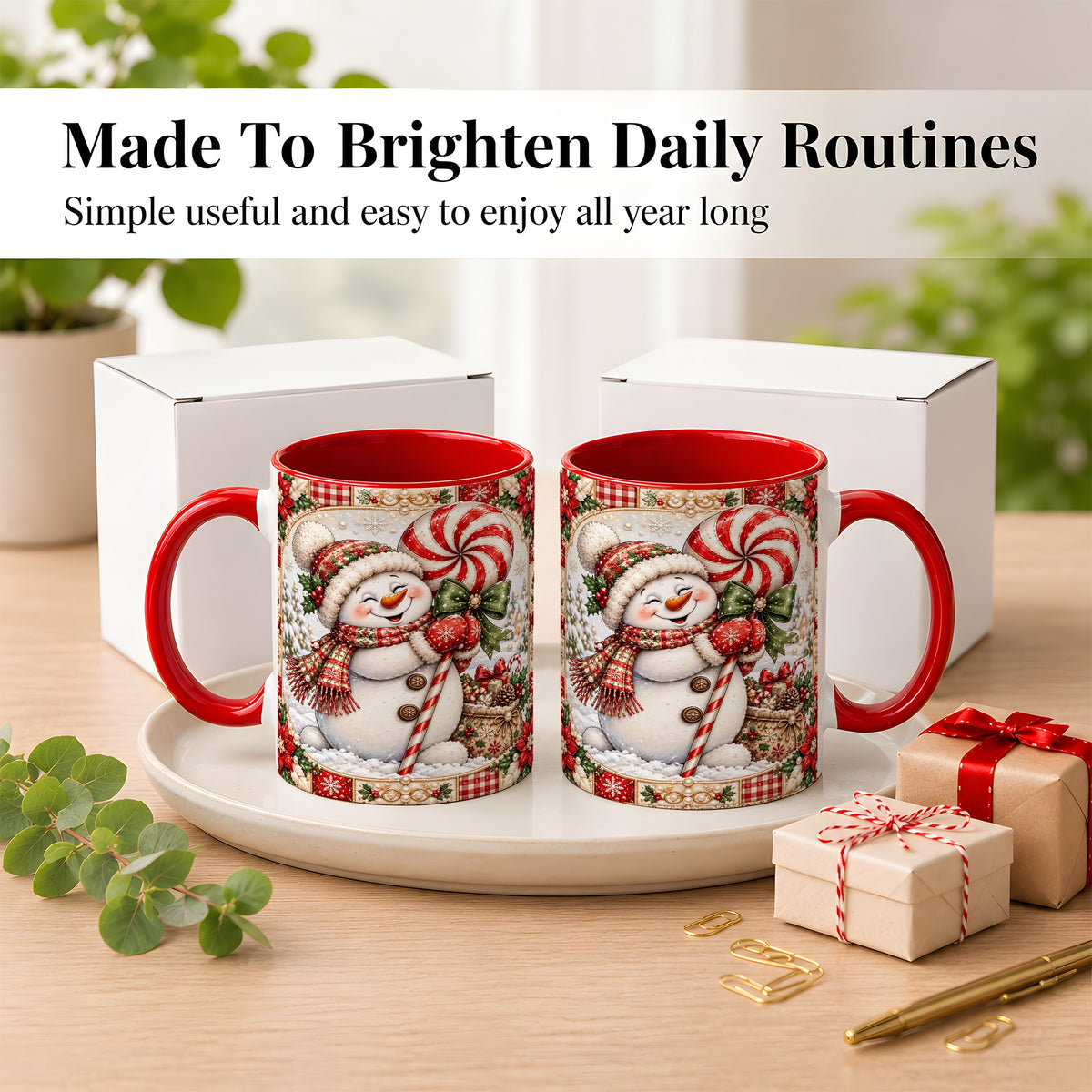 #pl[11oz|Red] Peppermint Snowman Coffee Mug, Christmas Candy Mug, Ceramic Cup