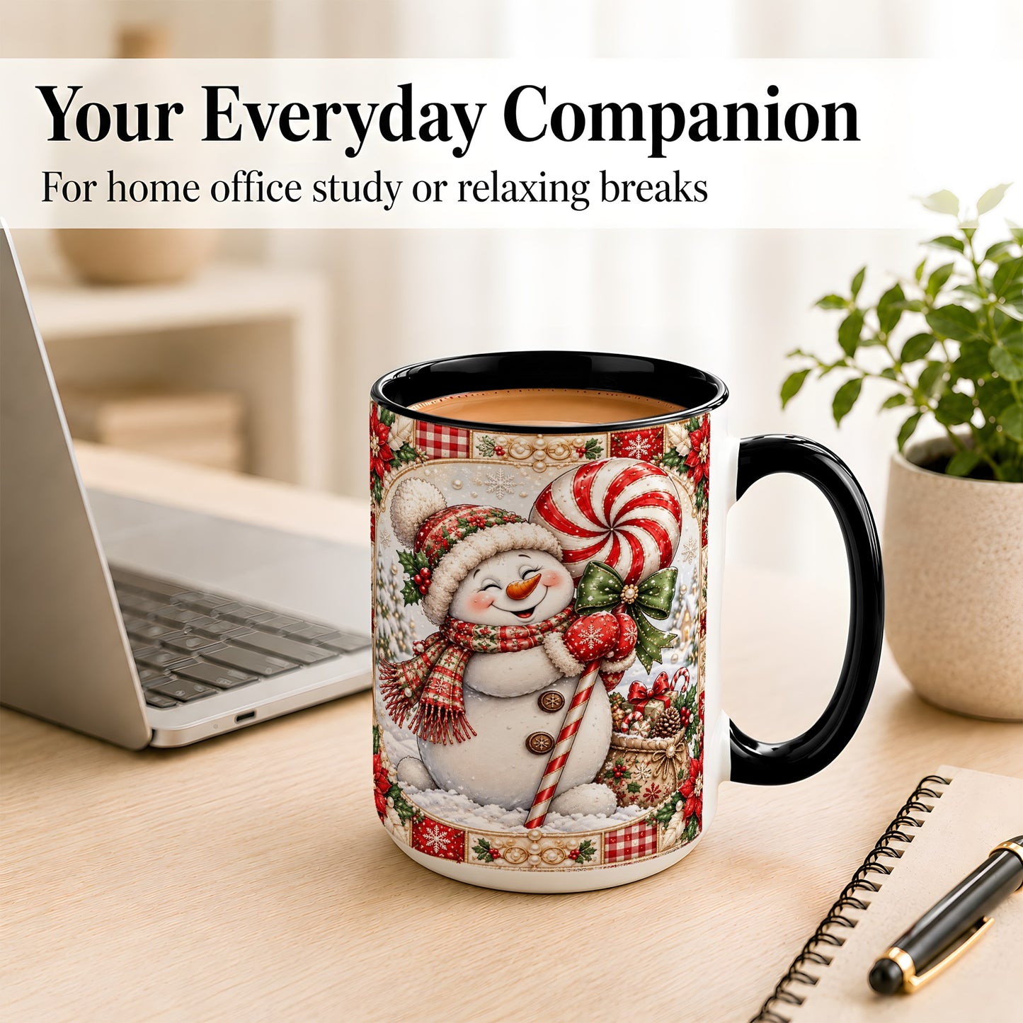 #pl[15oz|Black] Peppermint Snowman Coffee Mug, Christmas Candy Mug, Ceramic Cup