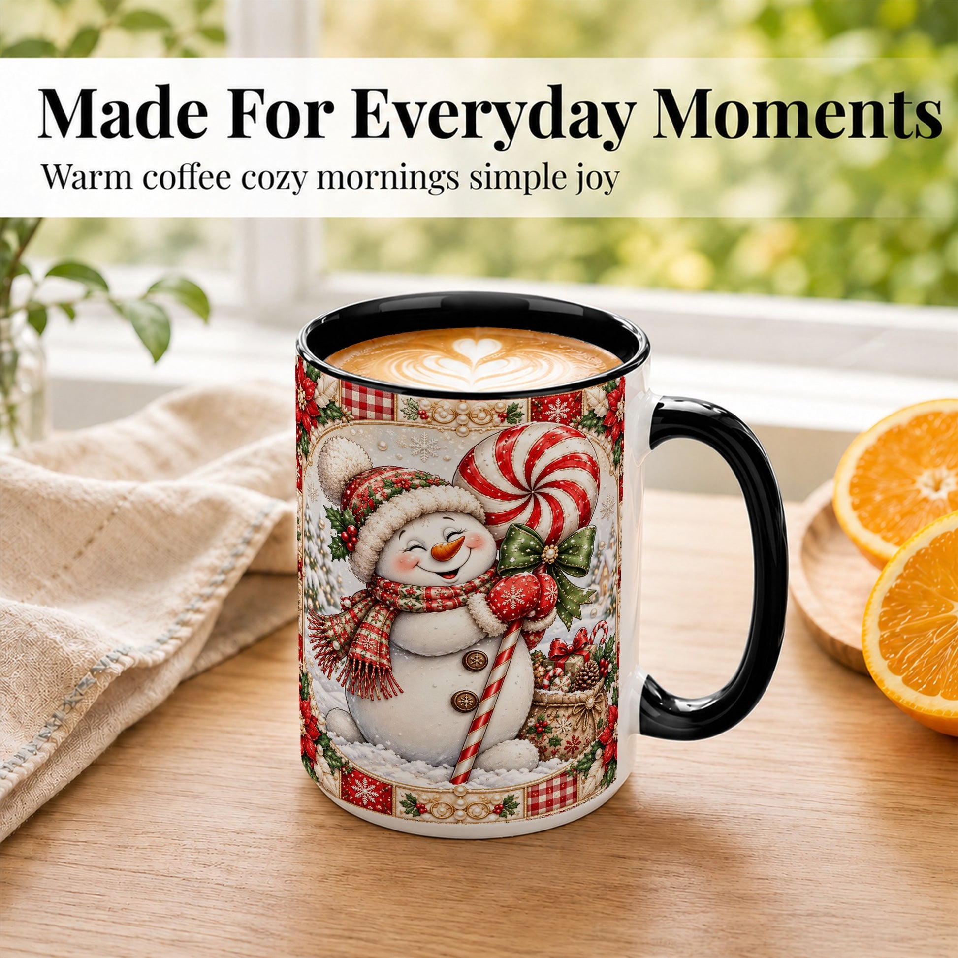 #pl[15oz|Black] Peppermint Snowman Coffee Mug, Christmas Candy Mug, Ceramic Cup