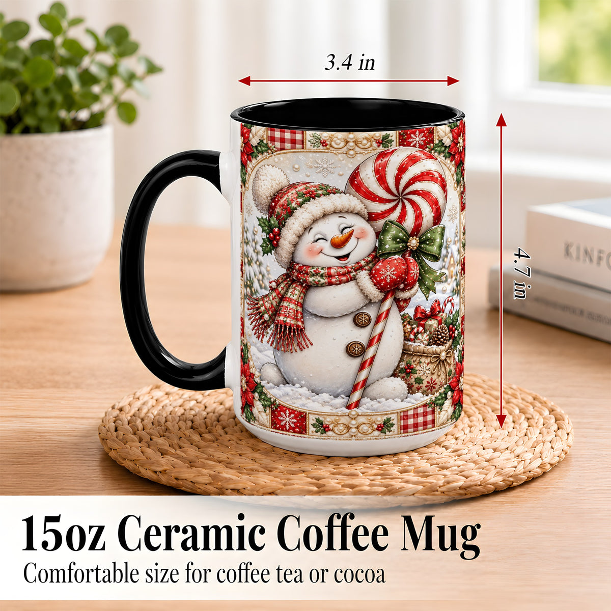 #pl[15oz|Black] Peppermint Snowman Coffee Mug, Christmas Candy Mug, Ceramic Cup