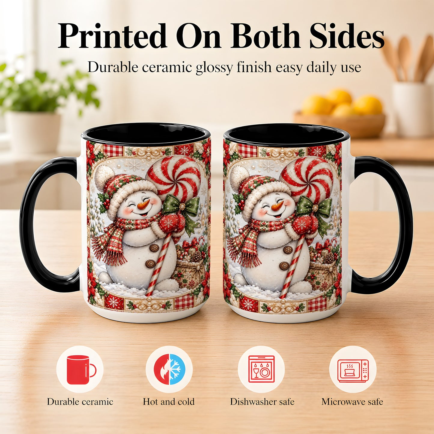 #pl[15oz|Black] Peppermint Snowman Coffee Mug, Christmas Candy Mug, Ceramic Cup