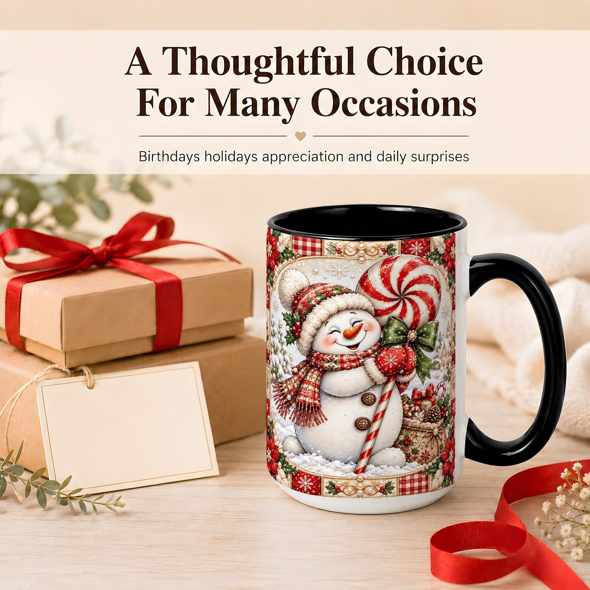 #pl[15oz|Black] Peppermint Snowman Coffee Mug, Christmas Candy Mug, Ceramic Cup