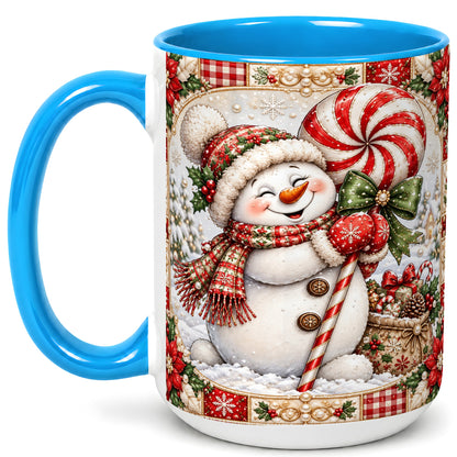 #pl[15oz|Blue] Peppermint Snowman Coffee Mug, Christmas Candy Mug, Ceramic Cup