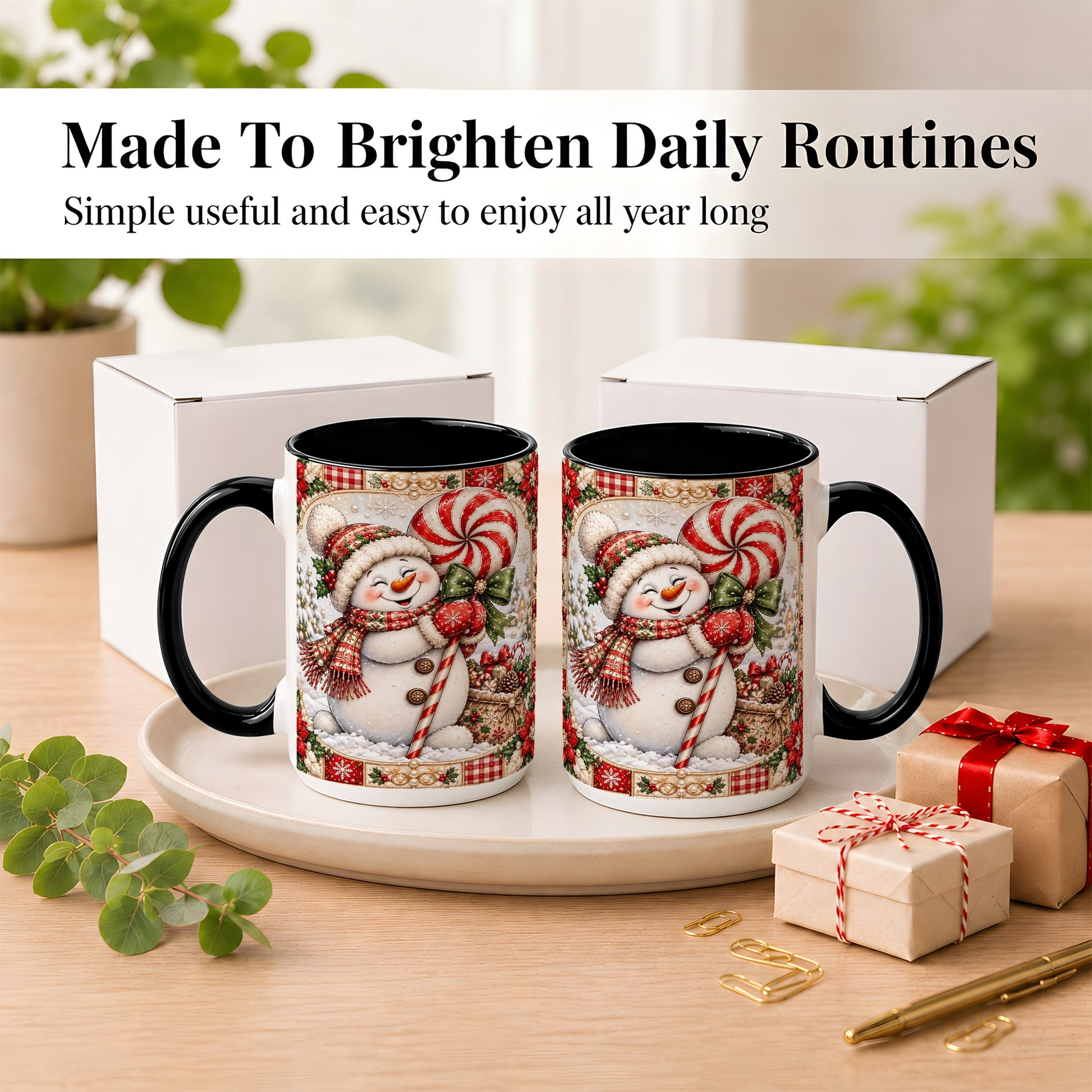 #pl[15oz|Black] Peppermint Snowman Coffee Mug, Christmas Candy Mug, Ceramic Cup
