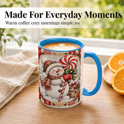 #pl[15oz|Blue] Peppermint Snowman Coffee Mug, Christmas Candy Mug, Ceramic Cup