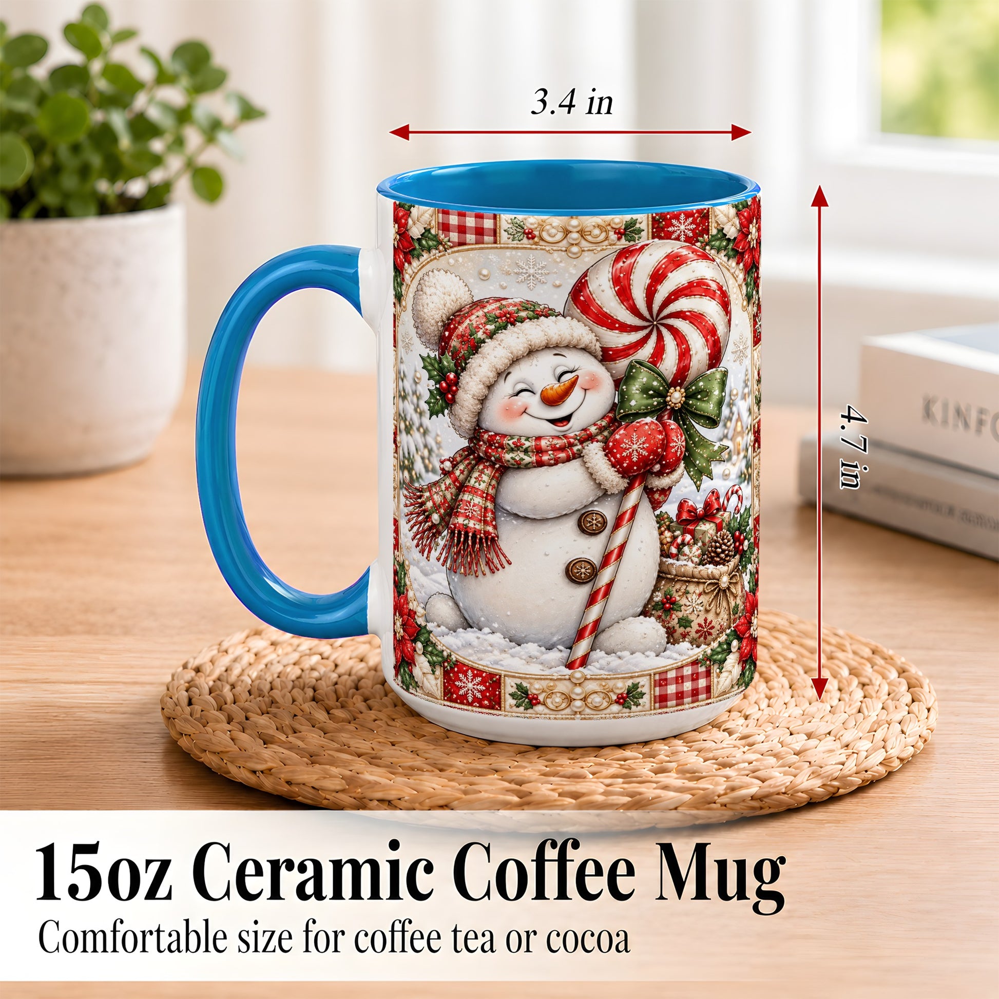 #pl[15oz|Blue] Peppermint Snowman Coffee Mug, Christmas Candy Mug, Ceramic Cup