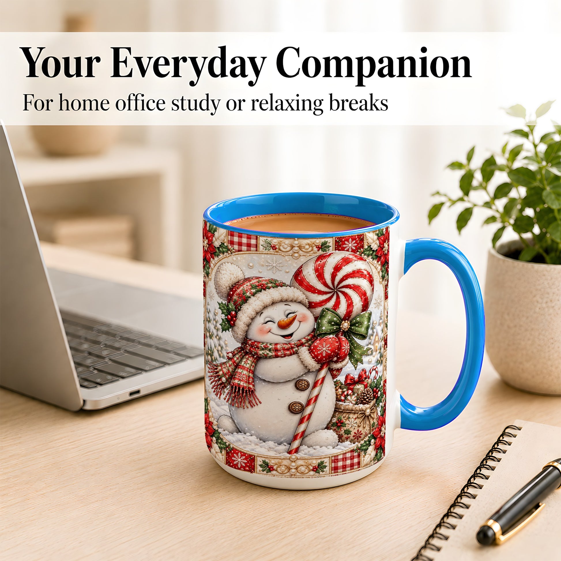 #pl[15oz|Blue] Peppermint Snowman Coffee Mug, Christmas Candy Mug, Ceramic Cup