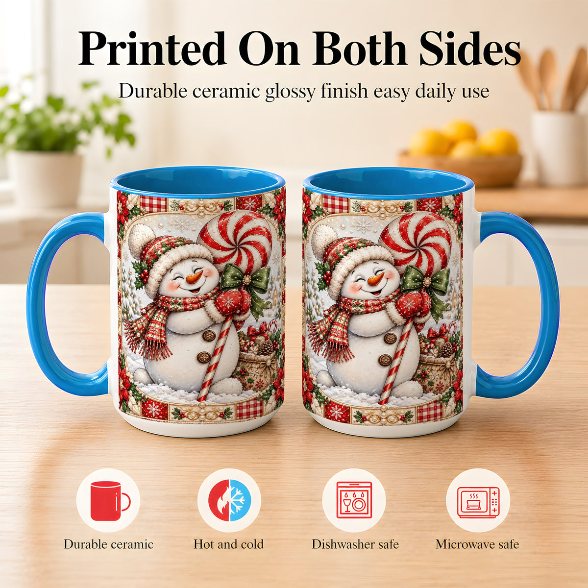 #pl[15oz|Blue] Peppermint Snowman Coffee Mug, Christmas Candy Mug, Ceramic Cup