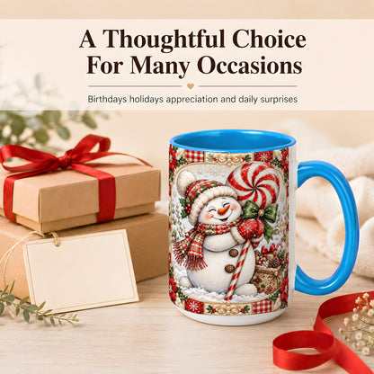 #pl[15oz|Blue] Peppermint Snowman Coffee Mug, Christmas Candy Mug, Ceramic Cup