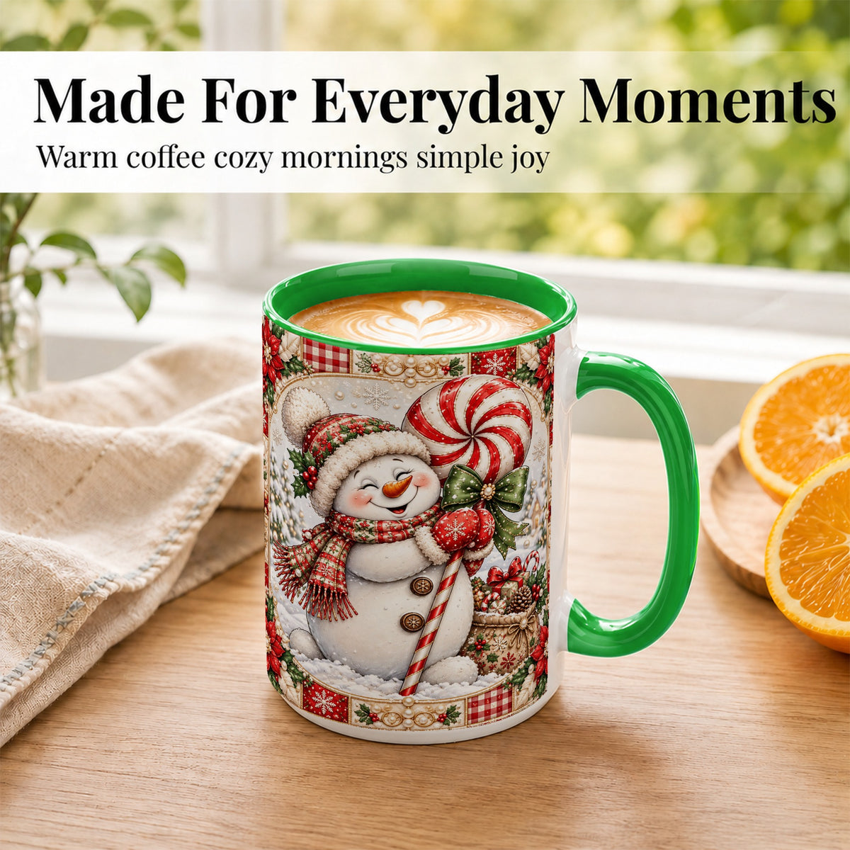 #pl[15oz|Green] Peppermint Snowman Coffee Mug, Christmas Candy Mug, Ceramic Cup