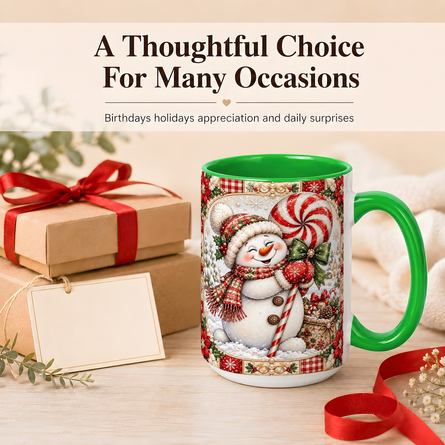 #pl[15oz|Green] Peppermint Snowman Coffee Mug, Christmas Candy Mug, Ceramic Cup