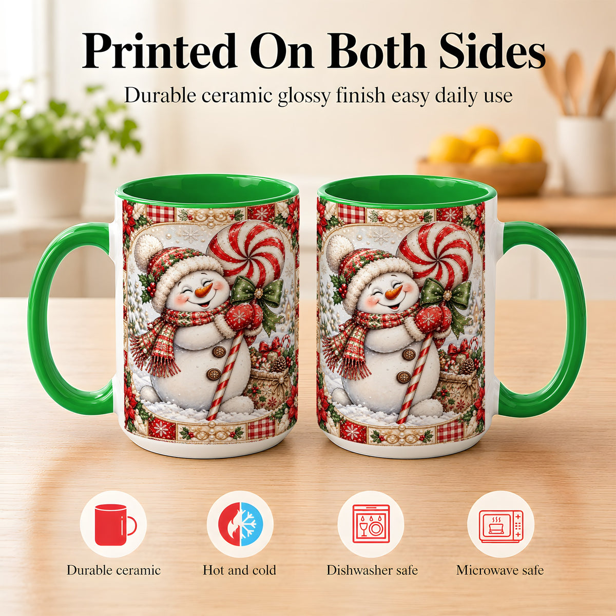 #pl[15oz|Green] Peppermint Snowman Coffee Mug, Christmas Candy Mug, Ceramic Cup