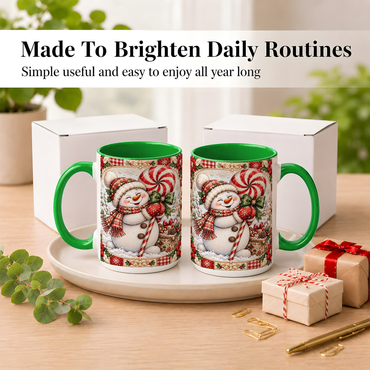#pl[15oz|Green] Peppermint Snowman Coffee Mug, Christmas Candy Mug, Ceramic Cup