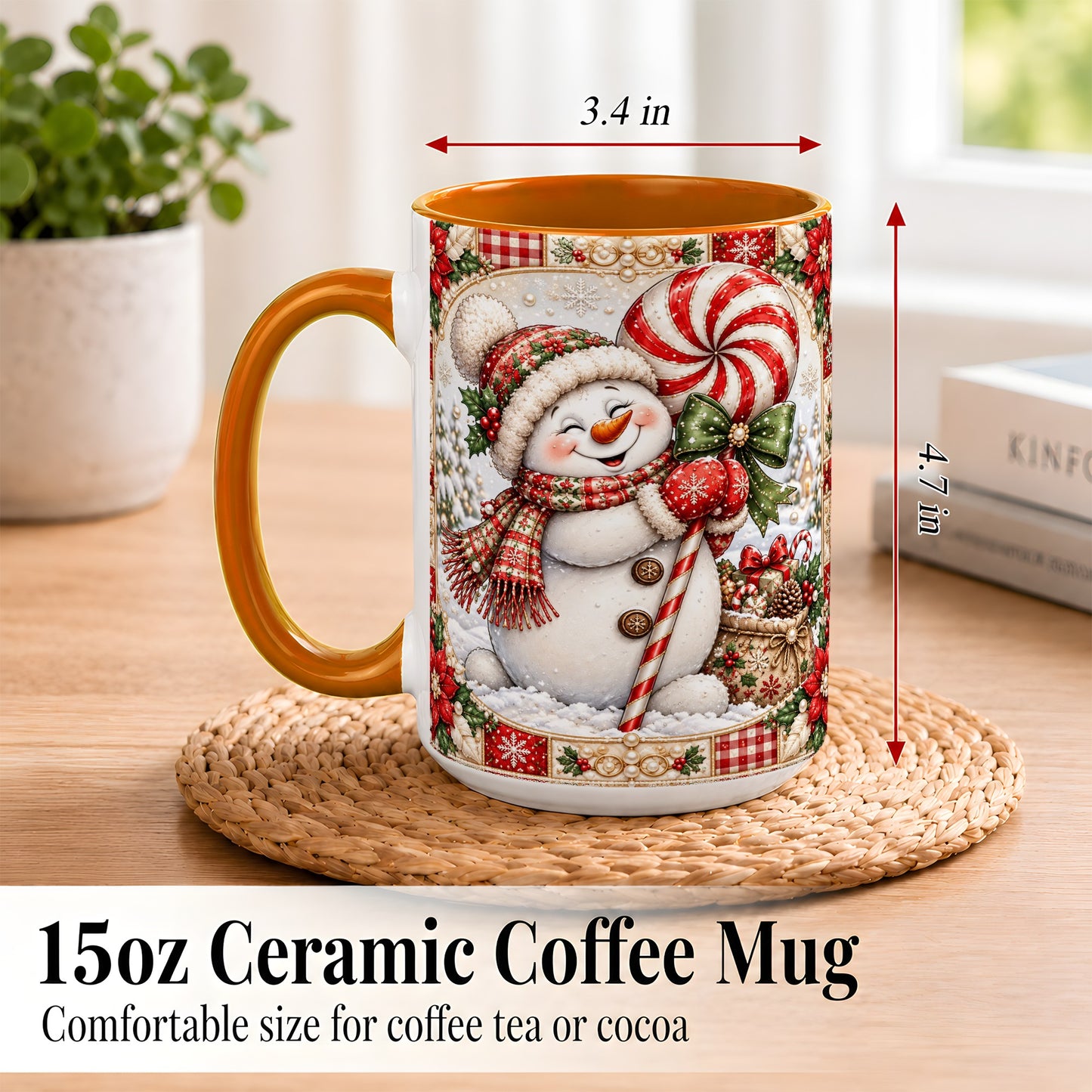 #pl[15oz|Orange] Peppermint Snowman Coffee Mug, Christmas Candy Mug, Ceramic Cup