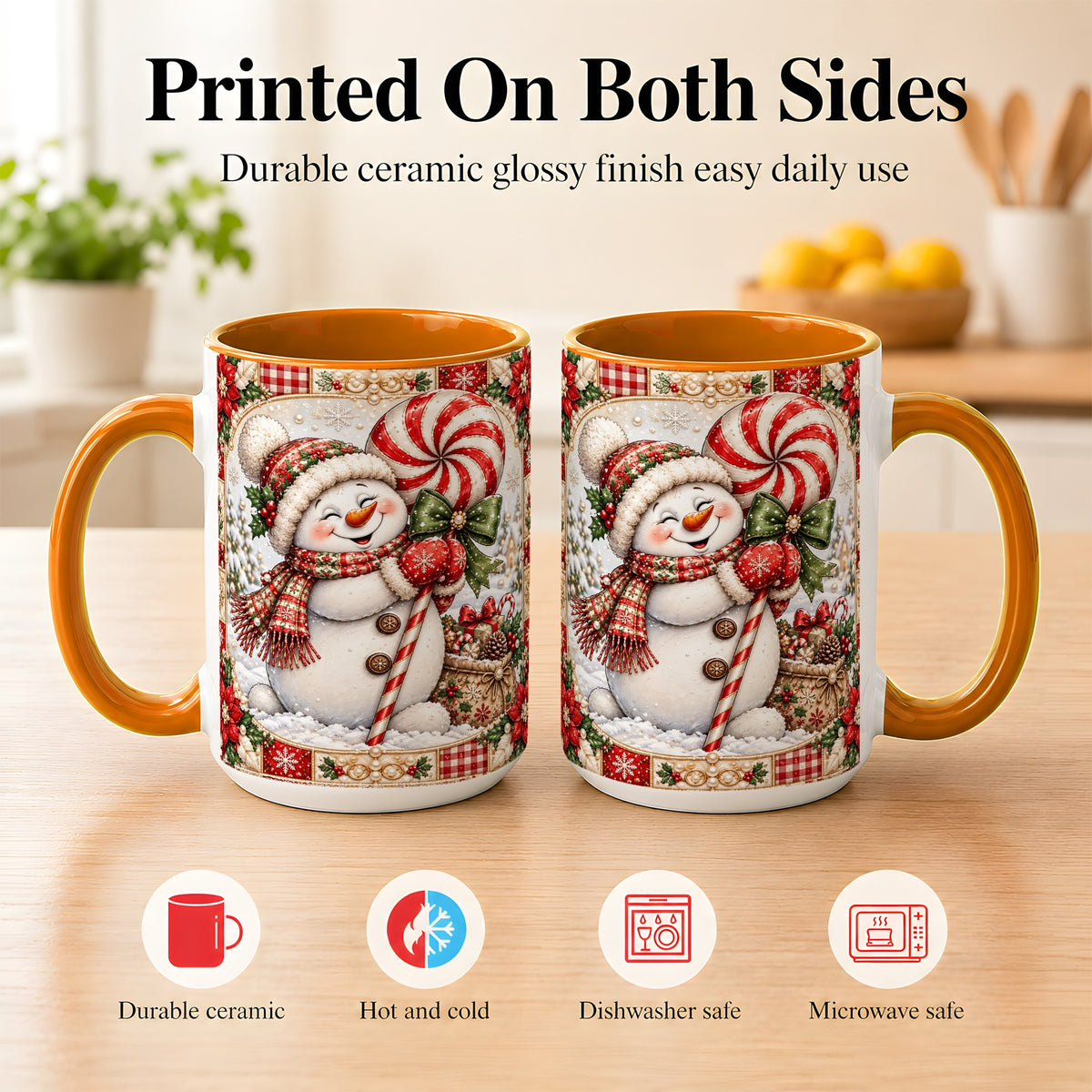 #pl[15oz|Orange] Peppermint Snowman Coffee Mug, Christmas Candy Mug, Ceramic Cup