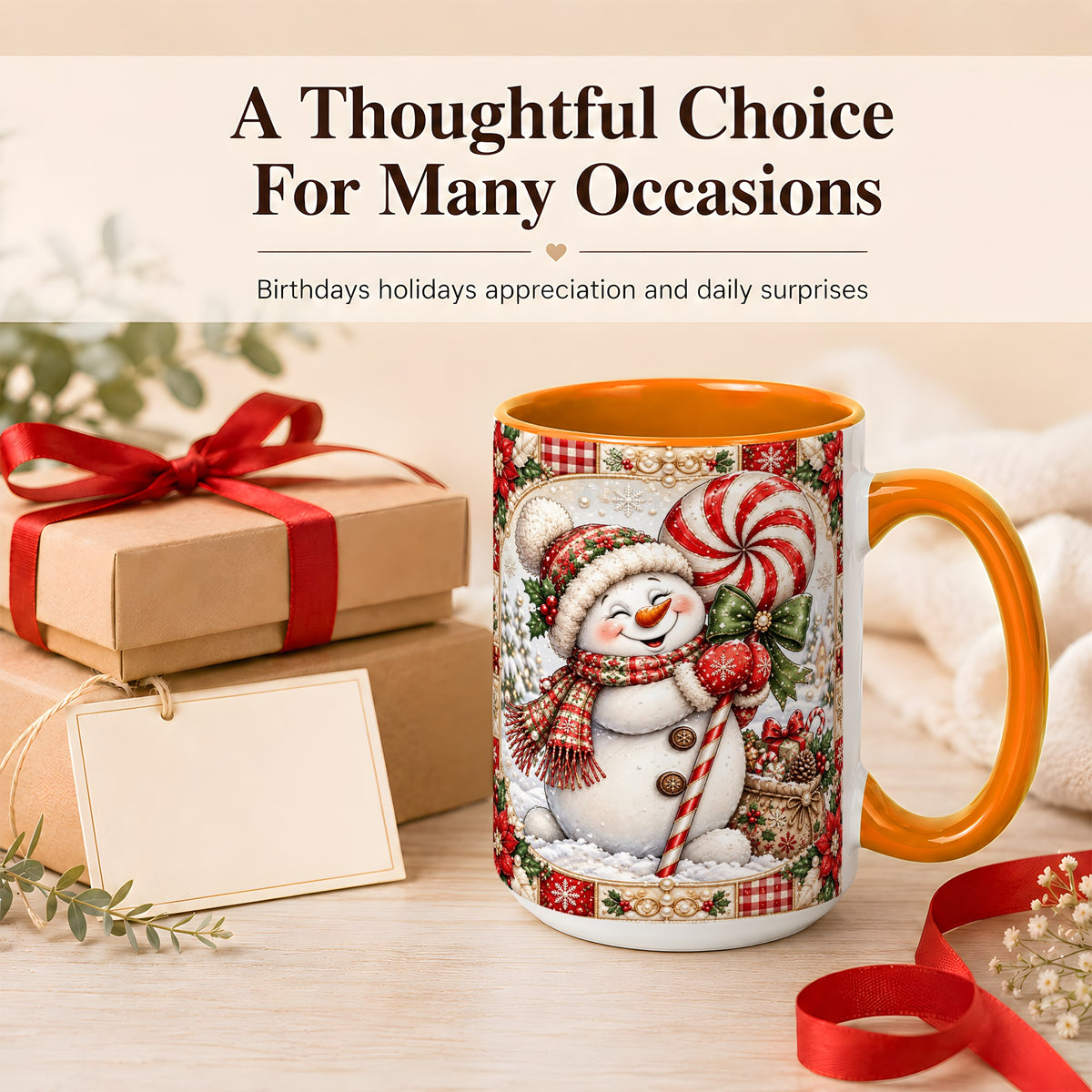 #pl[15oz|Orange] Peppermint Snowman Coffee Mug, Christmas Candy Mug, Ceramic Cup
