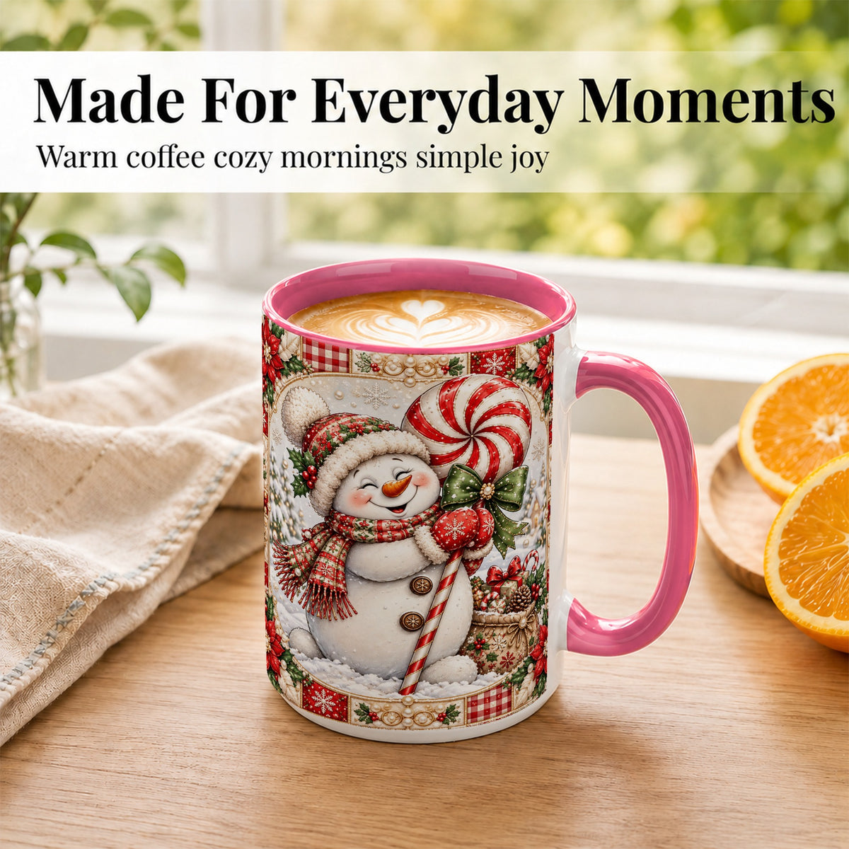 #pl[15oz|Pink] Peppermint Snowman Coffee Mug, Christmas Candy Mug, Ceramic Cup