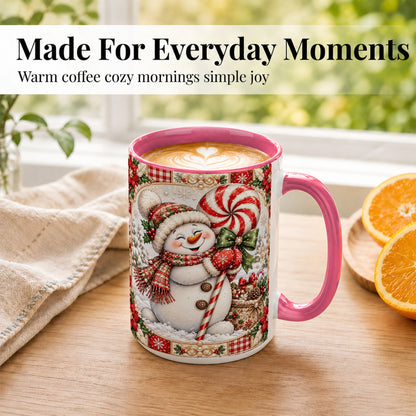 #pl[15oz|Pink] Peppermint Snowman Coffee Mug, Christmas Candy Mug, Ceramic Cup
