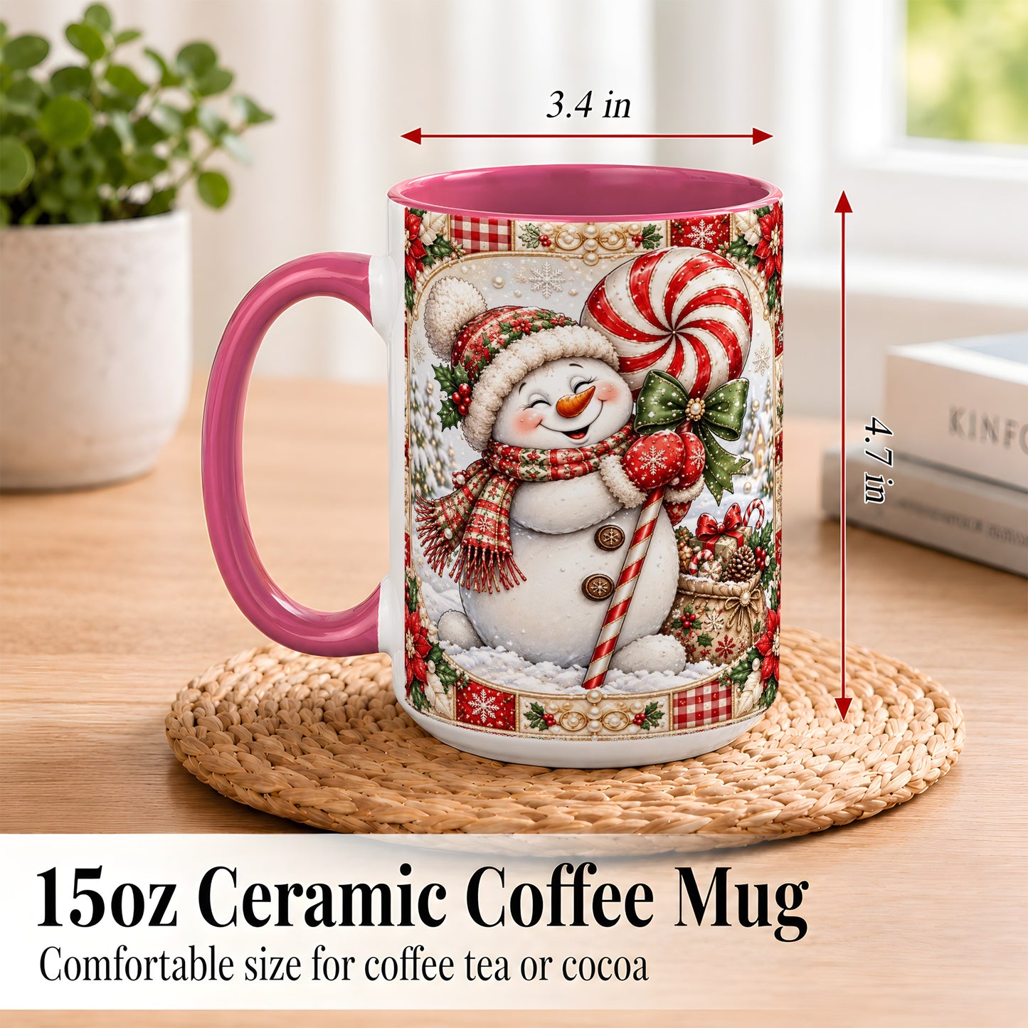 #pl[15oz|Pink] Peppermint Snowman Coffee Mug, Christmas Candy Mug, Ceramic Cup
