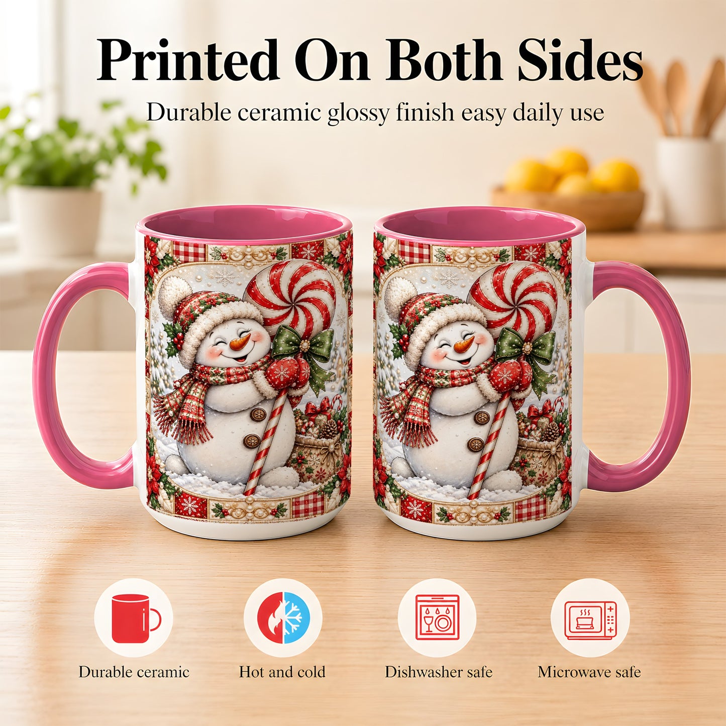 #pl[15oz|Pink] Peppermint Snowman Coffee Mug, Christmas Candy Mug, Ceramic Cup