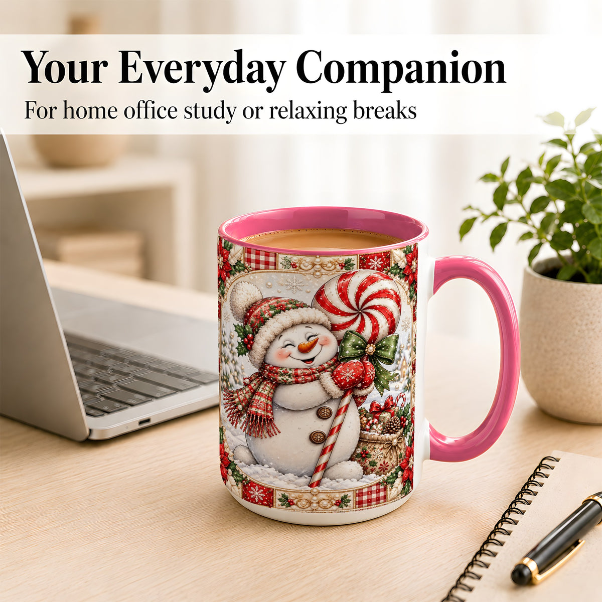 #pl[15oz|Pink] Peppermint Snowman Coffee Mug, Christmas Candy Mug, Ceramic Cup