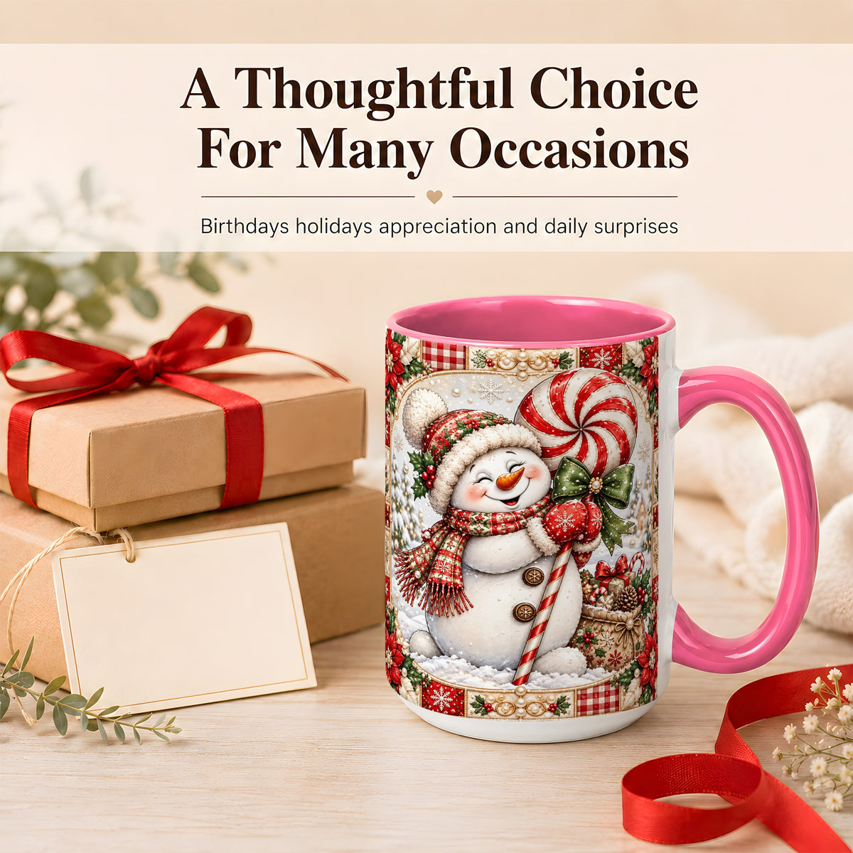 #pl[15oz|Pink] Peppermint Snowman Coffee Mug, Christmas Candy Mug, Ceramic Cup