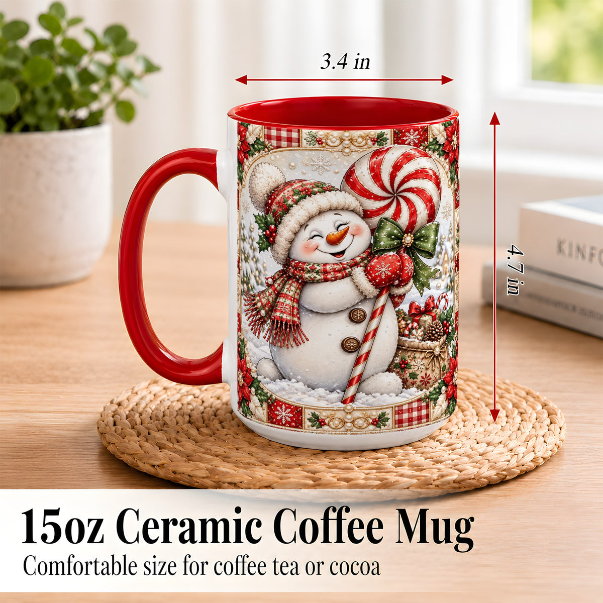 #pl[15oz|Red] Peppermint Snowman Coffee Mug, Christmas Candy Mug, Ceramic Cup