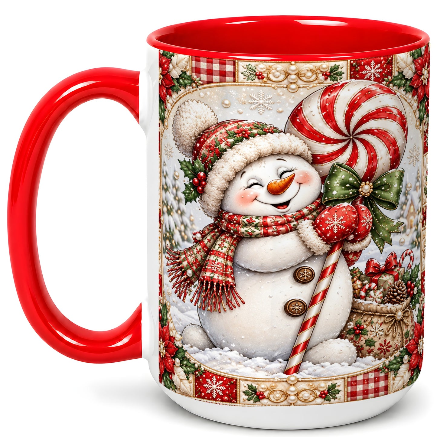 #pl[15oz|Red] Peppermint Snowman Coffee Mug, Christmas Candy Mug, Ceramic Cup