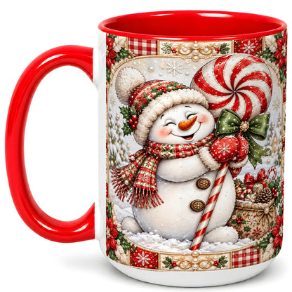 #pl[15oz|Red] Peppermint Snowman Coffee Mug, Christmas Candy Mug, Ceramic Cup